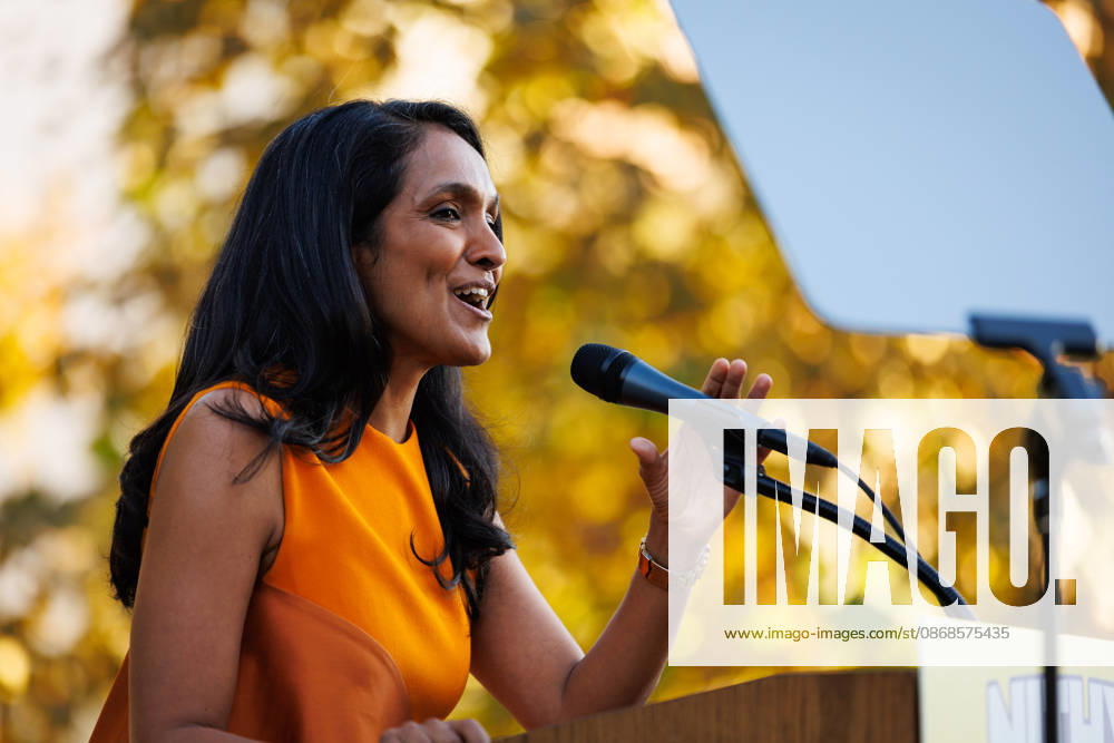 Los Angeles mayoral candidate NITHYA RAMAN speaks to her supporters during an event at Los Angeles Trade-Technical College in downtown Los Angeles on Sunday, Oct. 4, 2026. A recent poll by UC Berkeley indicates that Raman currently leads Los Angeles Mayor Karen Bass by 11 points, 39% to 28% Los Angeles USA - ZUMAt176 20261004_zsp_t176_019