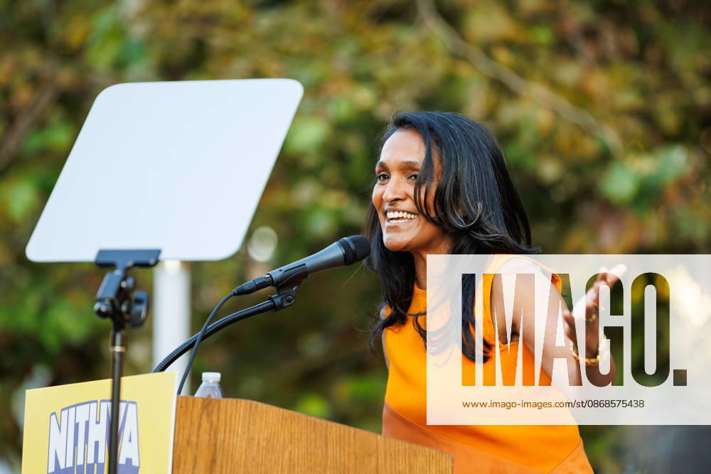 Los Angeles mayoral candidate NITHYA RAMAN speaks to her supporters during an event at Los Angeles Trade-Technical College in downtown Los Angeles on Sunday, Oct. 4, 2026. A recent poll by UC Berkeley indicates that Raman currently leads Los Angeles Mayor Karen Bass by 11 points, 39% to 28% Los Angeles USA - ZUMAt176 20261004_zsp_t176_022