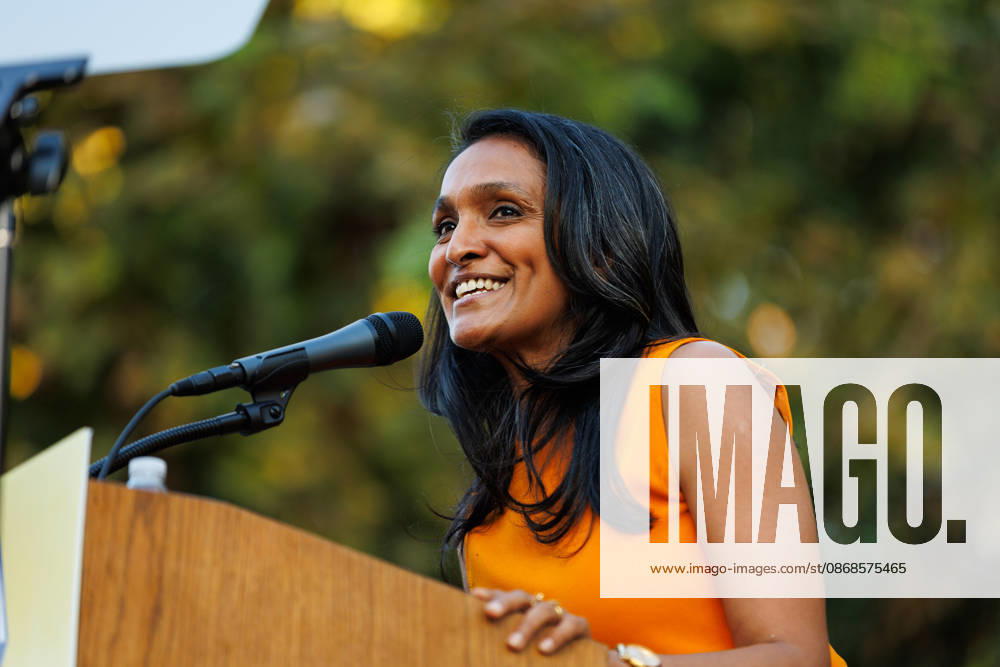 Los Angeles mayoral candidate NITHYA RAMAN speaks to her supporters during an event at Los Angeles Trade-Technical College in downtown Los Angeles on Sunday, Oct. 4, 2026. A recent poll by UC Berkeley indicates that Raman currently leads Los Angeles Mayor Karen Bass by 11 points, 39% to 28% Los Angeles USA - ZUMAt176 20261004_zsp_t176_023