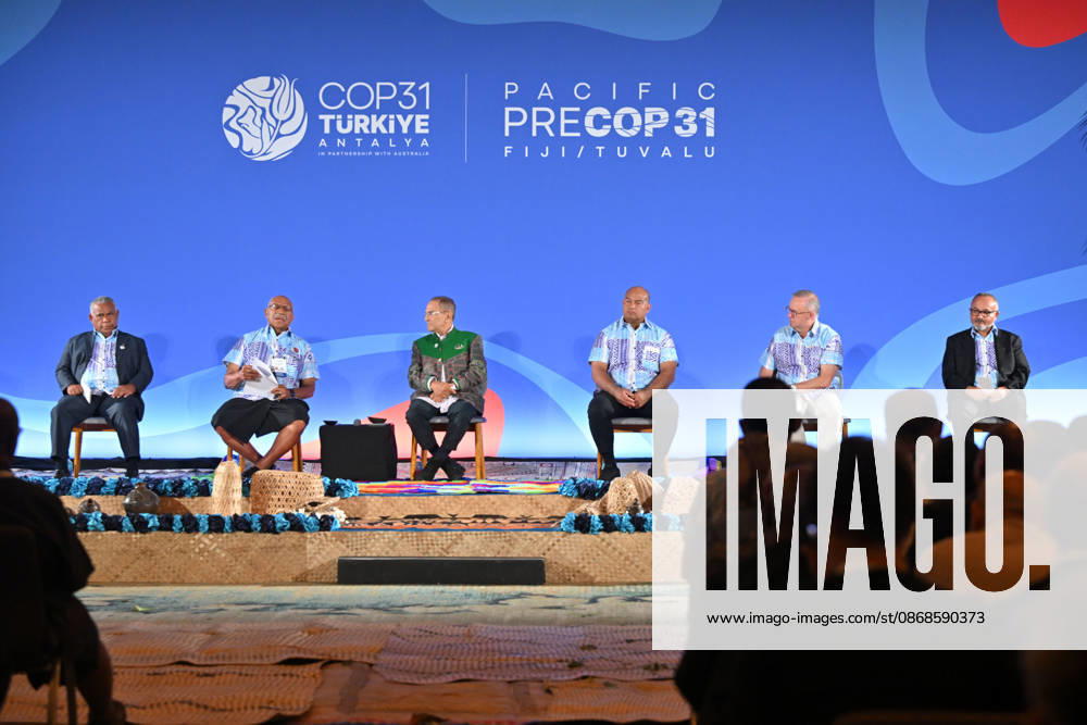 ANTHONY ALBANESE PRECOP MEETING, Vanuatus Prime Minister Jotham Napat, Fijis Prime Minister Sitiveni Rabuka, Timor-Lestes President Jose Ramos Horta, Naurus President David Adeang, Australias Prime Minister Anthony Albanese and Solomon Islands Prime Minister Matthew Wale during a traditional welcome ceremony during the Pre-Cop31 meeting in Fiji, Monday, October 5, 2026. ( NO ARCHIVING NADI Fiji