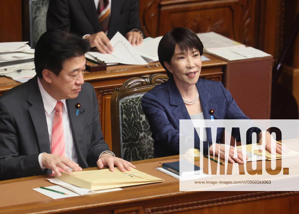 Tokyo, Japan - Japanese Prime Minister Sanae Takaichi (R) chats with Chief Cabinet Secretary Minoru Kihara (L) after she delivered her policy speech at Lower House s plenary session at the National Diet in Tokyo on Monday, October 5, 2026. The 69-day extraordinary Diet session will convene through December 12. (photo by Yoshio Tsunoda AFLO) aflo_353477599