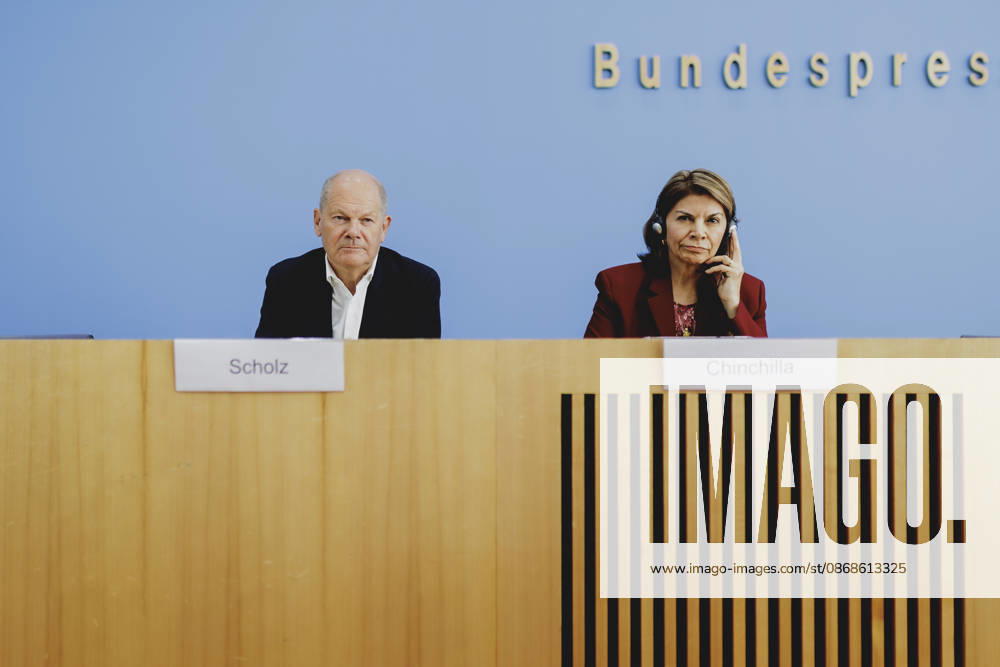 L R Olaf Scholz, former Federal Chancellor and Co-Chair of the ENSK, and Laura Chinchilla Miranda, former President of Costa Rica and Co-Chair of the ENSK, photographed during the press conference to introduce the North-South Commission on Development Policy in Berlin, October 5, 2026, Berlin, Germany