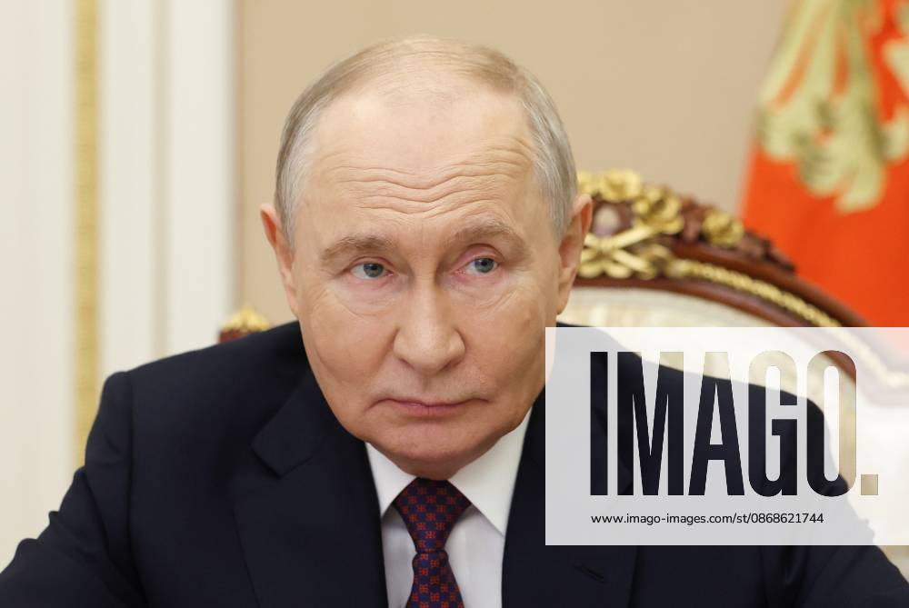 Russia Putin Educational Complex 9257877 05.10.2026 Russian President Vladimir Putin attends via video link a meeting marking the opening of the Point of the Future educational complex in the settlement of Zhatay, Republic of Sakha (Yakutia), at the Kremlin in Moscow, Russia. Vyacheslav Prokofiev Sputnik Moscow Russia