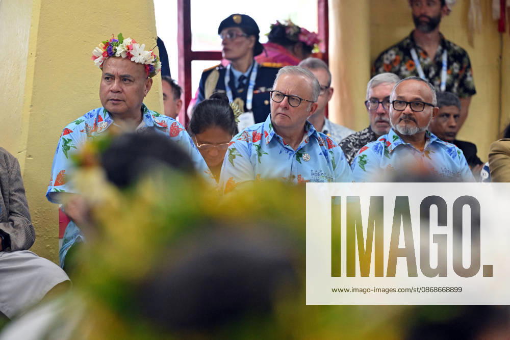 ANTHONY ALBANESE PRECOP MEETING, Tuvalus Prime Minister Feleti Teo, Australias Prime Minister Anthony Albanese and Solomon Islands Prime Minister Matthew Wale during a traditional welcome ceremony during the Pre-Cop31 meeting in Tuvalu, Tuesday, October 6, 2026. ( NO ARCHIVING Funafuti Tuvalu