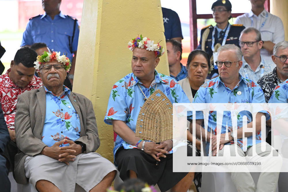 ANTHONY ALBANESE PRECOP MEETING, Fijis Prime Minister Sitiveni Rabuka, Tuvalus Prime Minister Feleti Teo and Australias Prime Minister Anthony Albanese during a traditional welcome ceremony during the Pre-Cop31 meeting in Tuvalu, Tuesday, October 6, 2026. ( NO ARCHIVING Funafuti Tuvalu