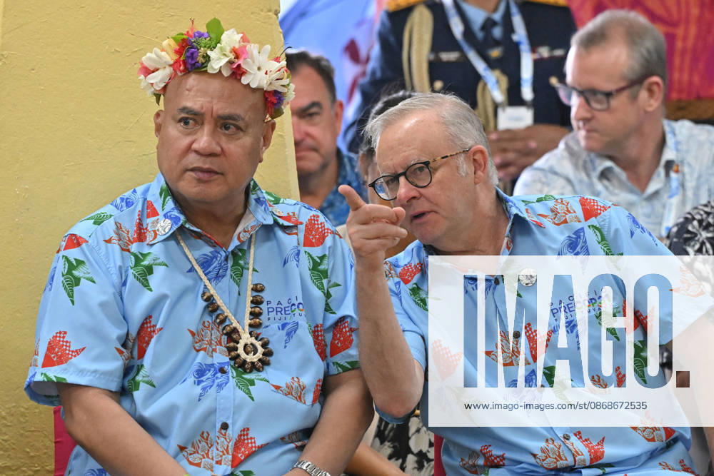 ANTHONY ALBANESE PRECOP MEETING, Tuvalus Prime Minister Feleti Teo and Australias Prime Minister Anthony Albanese during a traditional welcome ceremony during the Pre-Cop31 meeting in Tuvalu, Tuesday, October 6, 2026. ( NO ARCHIVING Funafuti Tuvalu