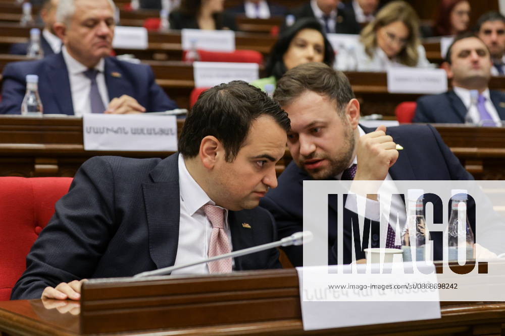 ARMENIA, YEREVAN - OCTOBER 6, 2026: The Strong Armenia Party Head Narek Karpetyan (L) and Secretary Tigran Abrahamyan are pictured during the 2nd session of the Armenian National Assembly of the 9th convocation Yerevan Armenia - ZUMAt113 20261006_zaa_t113_024