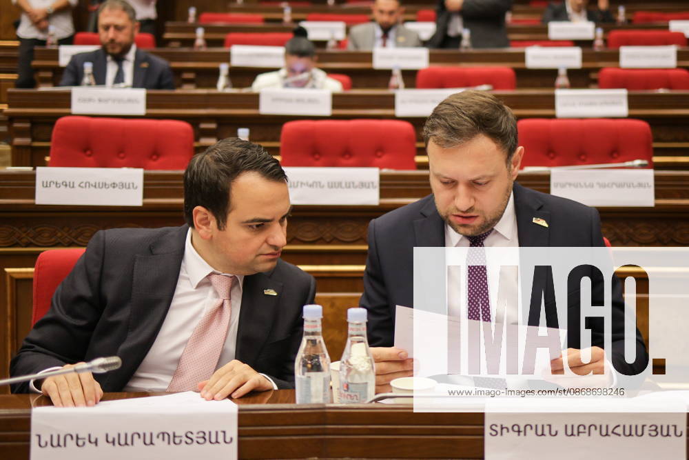 ARMENIA, YEREVAN - OCTOBER 6, 2026: The Strong Armenia Party Head Narek Karpetyan (L) and Secretary Tigran Abrahamyan are pictured during the 2nd session of the Armenian National Assembly of the 9th convocation Yerevan Armenia - ZUMAt113 20261006_zaa_t113_026