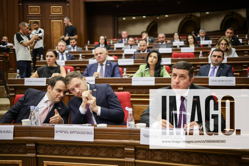 ARMENIA, YEREVAN - OCTOBER 6, 2026: The Strong Armenia Party Head Narek Karpetyan, Secretary Tigran Abrahamyan and member David Kazinyan (L-R front) are pictured during the 2nd session of the Armenian National Assembly of the 9th convocation Yerevan Armenia - ZUMAt113 20261006_zaa_t113_028