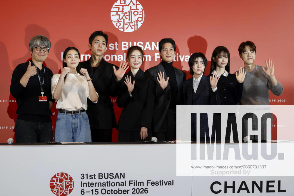 The Table: Day and Night cast at Busan International Film Festival (L-R) Director Kim Jong-kwan, actors Kim Min-ha, Joo Jong-hyuk, Han Sun-hwa, Chang Ryul, Shim Eun-kyung, Jeon So-young, and Kim Dong-hwi pose for photographs during a press conference for The Table: Day and Night, the opening film of the 31st Busan International Film Festival (BIFF), at the Busan Cinema Center in Busan, South Korea, on October 06, 2026. Busan South Korea