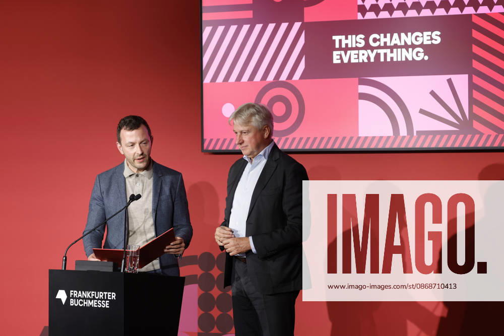 Frankfurt Impressions, October 6, 2026: The 78th Frankfurt Book Fair bids farewell to its long-time director, Juergen Boos (left). Sebastian GUGGOLZ, Chairman of the German Publishers and Booksellers Association, Frankfurt am Main, Hesse, Germany