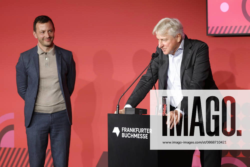 Frankfurt Impressions, October 6, 2026: The 78th Frankfurt Book Fair bids farewell to its long-time director, Juergen Boos (left). Sebastian GUGGOLZ, Chairman of the German Publishers and Booksellers Association, Frankfurt am Main, Hesse, Germany