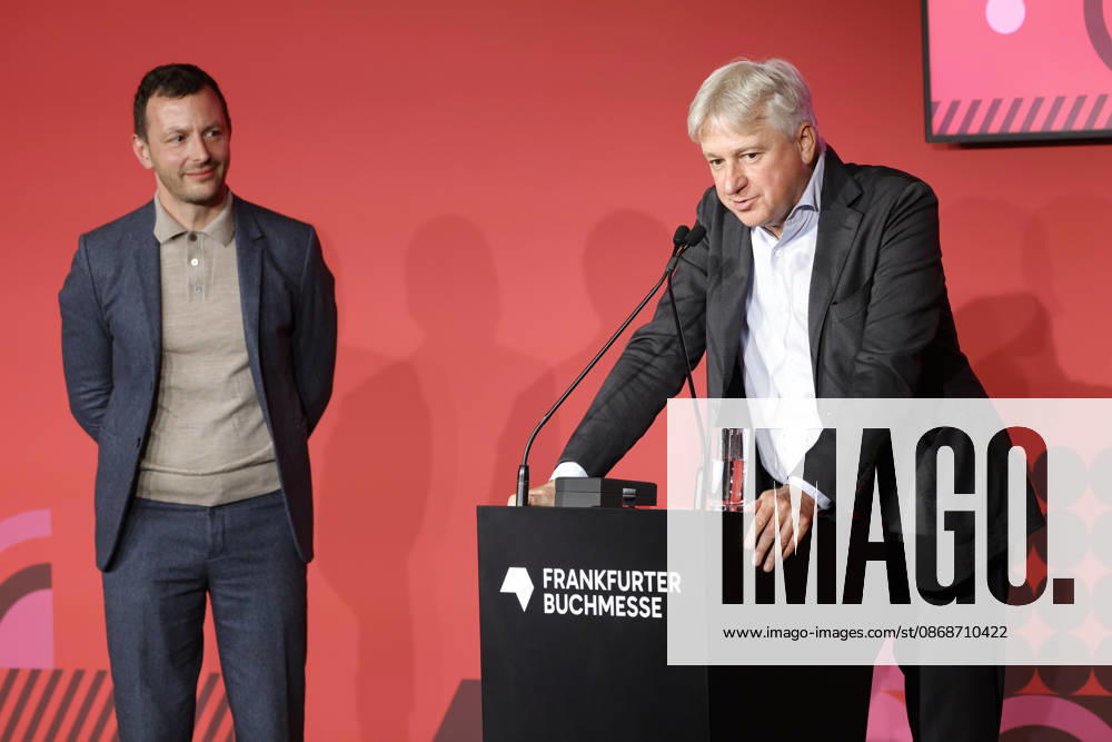 Frankfurt Impressions, October 6, 2026: The 78th Frankfurt Book Fair bids farewell to its long-time director, Juergen Boos (left). Sebastian GUGGOLZ, Chairman of the German Publishers and Booksellers Association, Frankfurt am Main, Hesse, Germany