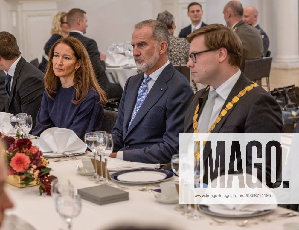 Suomen presidentin puoliso Suzanne Innes-Stubb (vasemmalla), Espanjan kuningas Felipe VI (keskella) ja Helsingin pormestari Daniel Sazonov (oikealla) istuvat Helsingin kaupungin jarjestamalla virallisella lounaalla Helsingin kaupungintalolla Espanjan kuningasparin valtiovierailun yhteydessa. Helsinki Finland - ZUMAt172 20261006_zip_t172_045