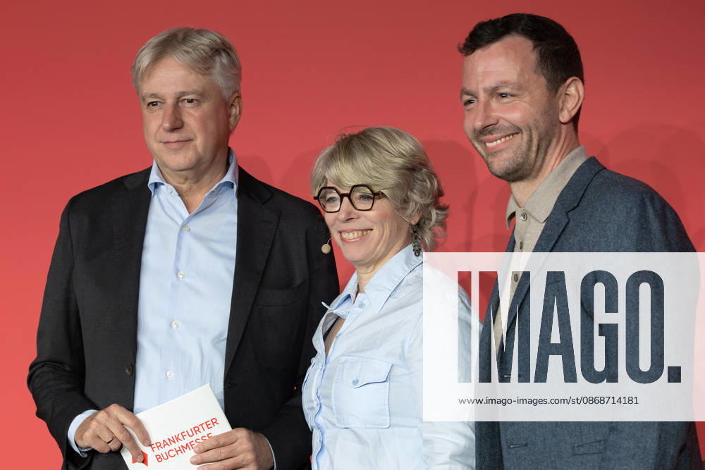 Frankfurt Book Fair 2026. From left: Juergen Boos, Director of the Frankfurt Book Fair; Jill Lepore, American historian and author; and Sebastian Guggolz, President of the German Publishers and Booksellers Association. Opening press conference of the Frankfurt Book Fair 2026, Frankfurt am Main, Hesse, Germany, Exhibition Center