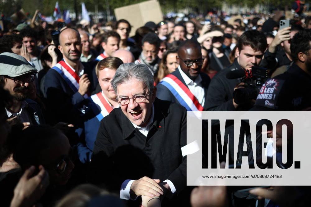 Politics At Student Demonstration - Paris La France Insoumise (LFI) candidate in France s 2027 presidential election Jean-Luc Melenchon, arrives with LFI s MP Carlos Martens Bilongo, LFI s MP Manuel Bompard, arrives at the start of a demonstration part of a nationwide day of actions called by high-school students, joined by unions and teachers, who for days have been demanding better learning conditions in protests punctuated by violent confrontations in Paris on October 6, 2026. Students have blocked the entrances to hundreds of high schools for 15- to 17-year-olds since late September, complaining of missing teachers, overloaded timetables, dilapidated classrooms and buildings that cannot cope with rising temperatures. Photo by Raphael La