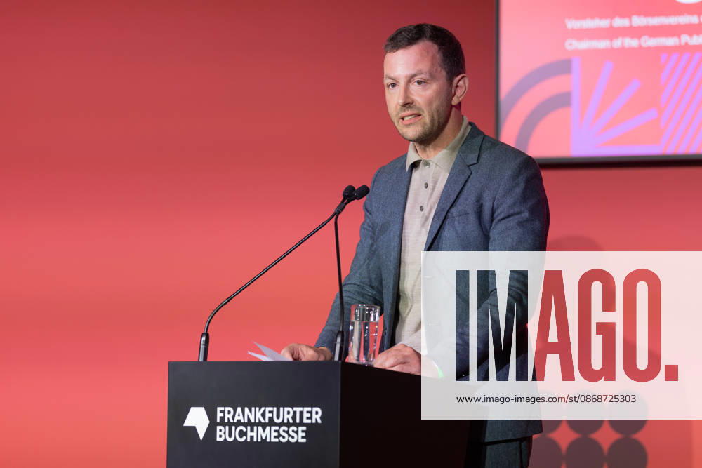 Frankfurt Book Fair 2026: Sebastian Guggolz, President of the German Publishers and Booksellers Association, speaks during the opening press conference of the Frankfurt Book Fair 2026, Frankfurt am Main, Hesse, Germany, at the exhibition grounds