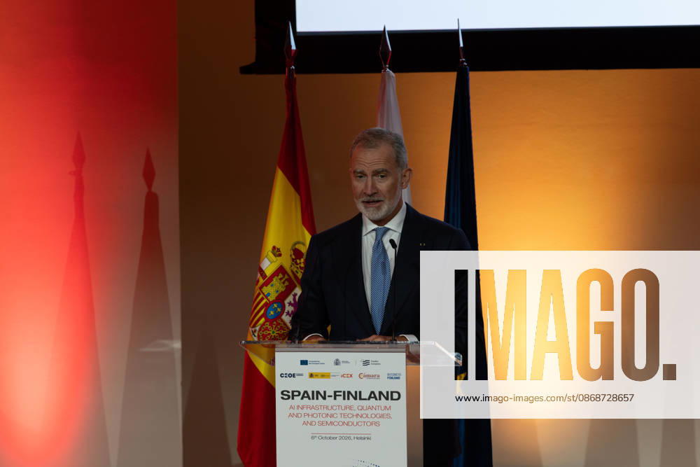 King FELIPE VI of Spain delivers a speech at a Finnish-Spanish business seminar during his state visit to Finland. The seminar brings together companies working in artificial intelligence, semiconductor and quantum technologies. Helsinki Finland - ZUMAt172 20261006_zip_t172_063