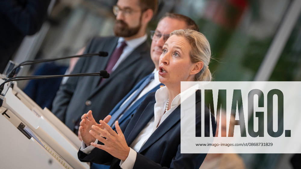Tino Chrupalla, AfD party and parliamentary group leader, with Alice Weidel, AfD Party and parliamentary group leader; in the background, Marcus Schmidt, press secretary for the AfD parliamentary group in the Bundestag. Press statement by the two AfD party leaders and parliamentary group leaders before the start of the parliamentary group meeting in the German Bundestag, Berlin, Germany,