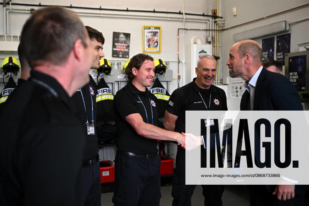 The Prince Of Wales Visits Ilminster ILMINSTER, ENGLAND - OCTOBER 06: Prince William, Prince of Wales shakes hands with members of the Devon and Somerset Fire and Rescue Service during his visit to Ilminster Fire Station on October 06, 2026 in Ilminster, England. The Prince of Wales visited Ilminster in Somerset to learn about communities growing their resilience to wild fires, flood and challenges caused by extreme weather and global warming., Credit:Finnbarr Webster PA ROTA - B68 Avalon United Kingdom, England, Ilminster