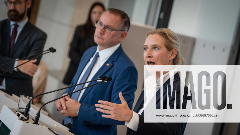 Tino Chrupalla, AfD Party and Parliamentary Group Leader, with Alice Weidel, AfD Party and Parliamentary Group Leader; press statement by the two AfD party leaders and parliamentary group leaders before the start of the parliamentary group meeting in the German Bundestag, Berlin, Germany, Bundestag