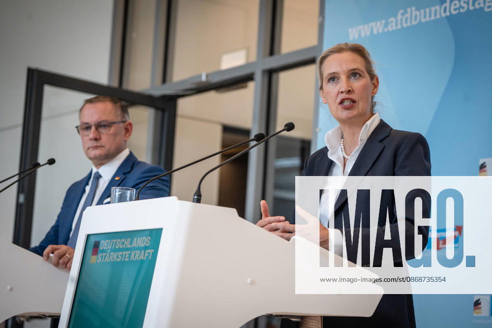 Tino Chrupalla, AfD Party and Parliamentary Group Leader, with Alice Weidel, AfD Party and Parliamentary Group Leader; press statement by the two AfD party leaders and parliamentary group leaders before the start of the parliamentary group meeting in the German Bundestag, Berlin, Germany, Bundestag