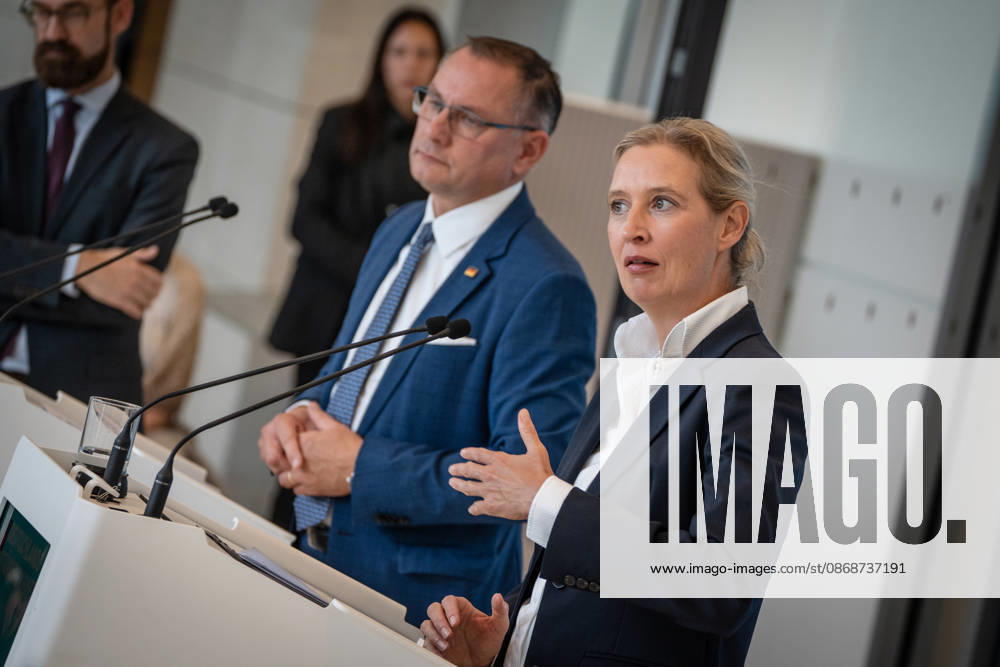 Tino Chrupalla, AfD Party and Parliamentary Group Leader, with Alice Weidel, AfD Party and Parliamentary Group Leader; press statement by the two AfD party leaders and parliamentary group leaders before the start of the parliamentary group meeting in the German Bundestag, Berlin, Germany, Bundestag