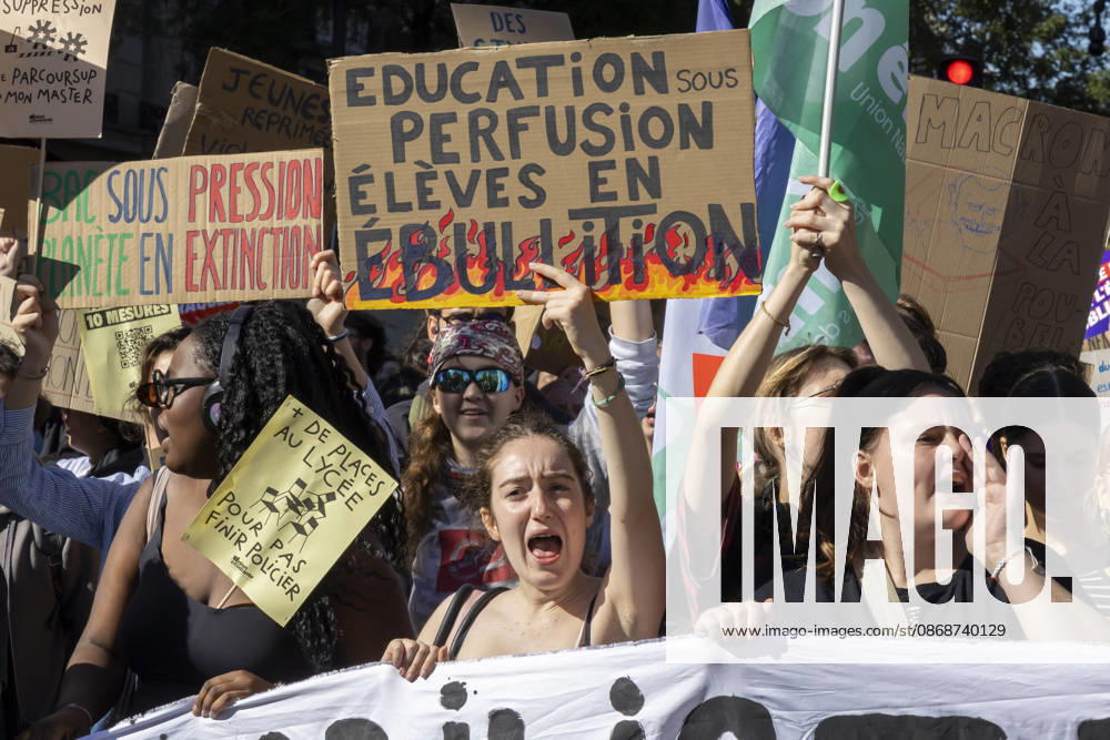 Paris, France October 6, 2026 - Demonstration organized as part of a national day of action launched by high school students. Nationwide student protests and violent school riots have disrupted over 700 secondary schools and led to roughly 5,000 arrests across France. What began in late September 2026 as peaceful blockades in the low-income Paris suburb of Seine-Saint-Denis has rapidly escalated into a major public order crisis for President Emmanuel Macron s government. MANIFESTATION ETUDIANTES, LYCEENS, GREVE, SOCIETE, JEUNES, JEUNESSE, ETUDIANT, COLERE