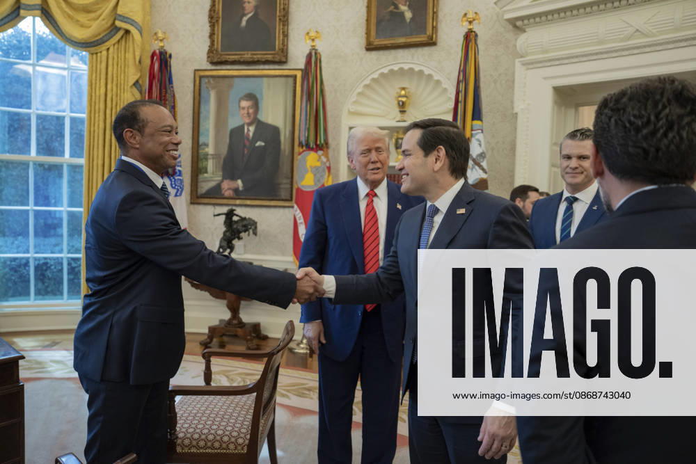 Golfer Tiger Woods shakes hands with an official as U.S. President Donald Trump looks on in the Oval Office of the White House, February 20, 2025 in Washington, D.C. Woods, who received the Presidential Medal of Freedom from Trump in 2019, joined PGA Tour leaders at the White House for talks on a proposed deal with Saudi Arabiaâ€⠢s Public Investment Fund before Trump introduced him as a surprise guest at a Black History Month reception. Washington United States of America - ZUMAp138 20261006_zaa_p138_013