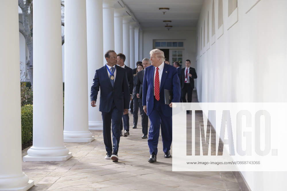 U.S. President Donald Trump walks with golfer Tiger Woods along the West Colonnade of the White House before a reception honoring Black History Month, February 20, 2025 in Washington, D.C. Woods, who received the Presidential Medal of Freedom from Trump in 2019, joined PGA Tour leaders at the White House for talks on a proposed deal with Saudi ArabiaÃ¢â‚¬â ¢s Public Investment Fund before Trump introduced him as a surprise guest at a Black History Month reception. Washington United States of America - ZUMAp138 20261006_zaa_p138_019