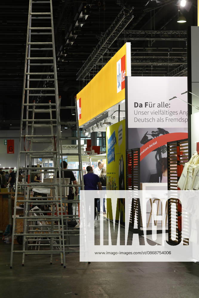 Frankfurt Impressions, October 6, 2026: Work is still underway this evening at the 78th Frankfurt Book Fair—here at the Klett Frankfurt booth in Frankfurt am Main, Hesse, Germany