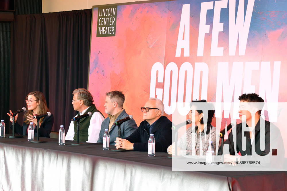 NEW YORK, NY- OCTOBER 6: Lear deBessonet, Aaron Sorkin, Michael Arden, Bradley Whitford, Krysta Rodriguez and Tom Blyth at the press conference for A Few Good Men at Lincoln Center Theater in the Vivian Beaumont Theatre on October 6, 2026 in New York City.