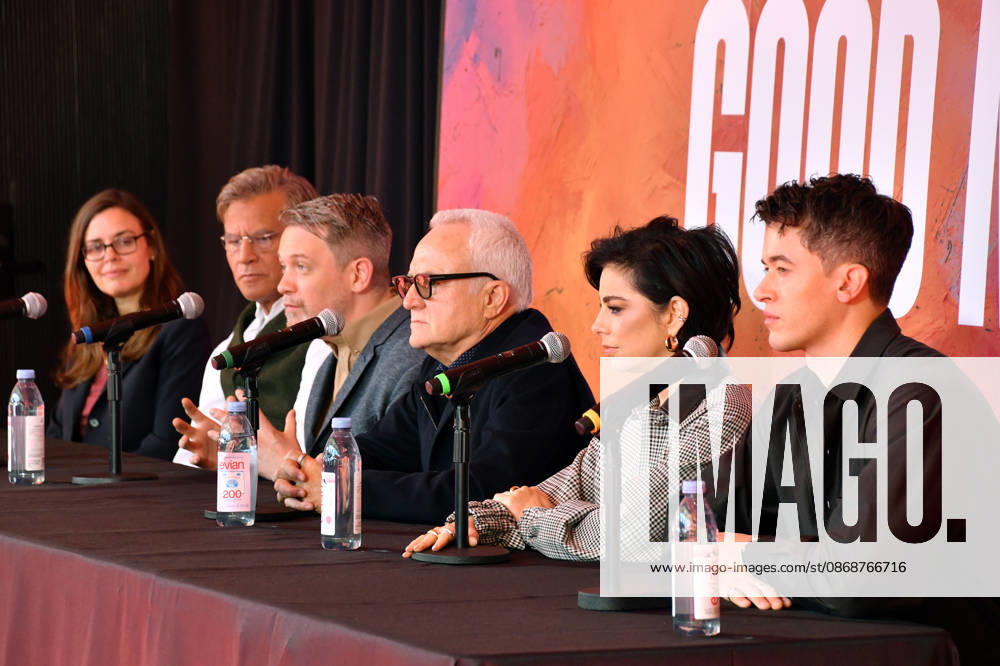 NEW YORK, NY- OCTOBER 6: Lear deBessonet, Aaron Sorkin, Michael Arden, Bradley Whitford, Krysta Rodriguez and Tom Blyth at the press conference for A Few Good Men at Lincoln Center Theater in the Vivian Beaumont Theatre on October 6, 2026 in New York City.