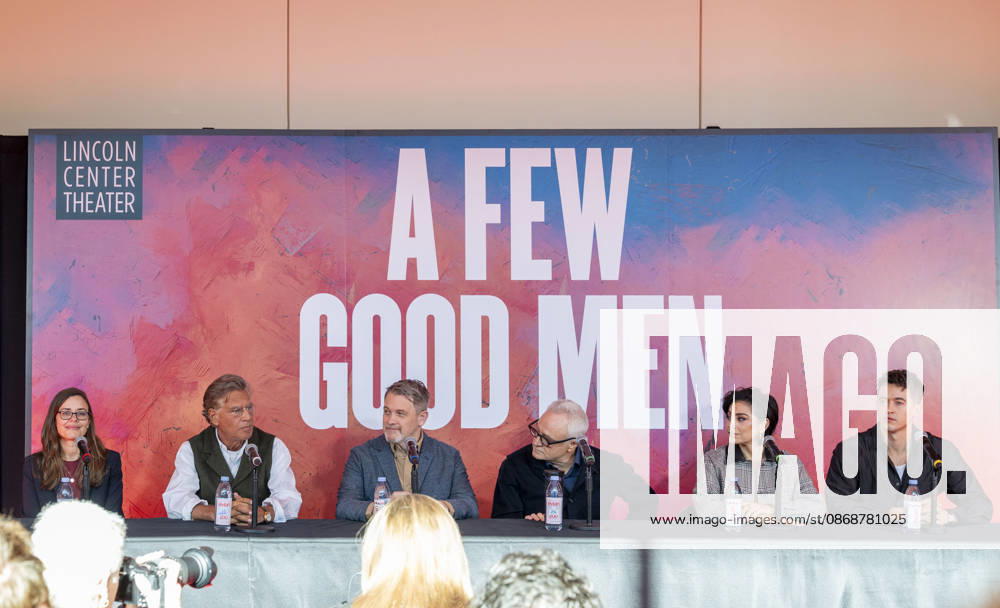 LEAR DEBESSONET, AARON SORKIN, MICHAEL ARDEN, BRADLEY WHITFORD, KRYSTA RODRIGUEZ and TOM BLYTH attend a press conference for A Few Good Men on Broadway at the Vivian Beaumont Theater at Lincoln Center in New York. 6 October 2026 New York USA - ZUMAa265 20261006_zep_a265_001