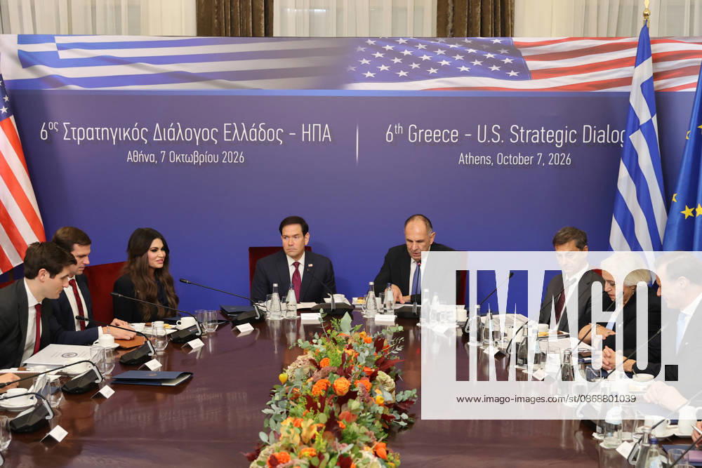 Greek Foreign Minister Giorgos Gerapetritis meets US Secretary of State Marco Rubio in Athens ATHENS, GREECE - OCTOBER 7: Greek Foreign Minister Giorgos Gerapetritis meets with US Secretary of State Marco Rubio at the Ministry of Foreign Affairs in Athens, Greece on October 7, 2026. The bilateral meeting launched the 6th round of the Greece-US Strategic Dialogue, covering regional security, energy defense cooperation, and bilateral relations. Ayhan Mehmet Anadolu Athens Greece. Editorial use only. Please get in touch for any other usage.