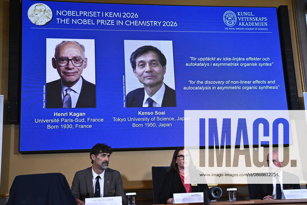 Henri Kagan and Kenso Soai are awarded the 2026 Nobel Prize in Chemistry during a press conference at the Royal Swedish Academy of Sciences in Stockholm, Sweden, on October 7, 2026 STOCKHOLM SWEDEN