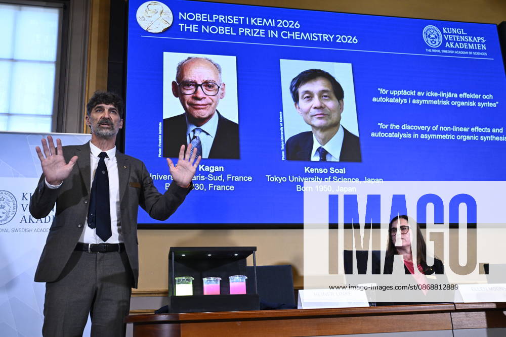 Henri Kagan and Kenso Soai are awarded the 2026 Nobel Prize in Chemistry during a press conference at the Royal Swedish Academy of Sciences in Stockholm, Sweden, on October 7, 2026 STOCKHOLM SWEDEN