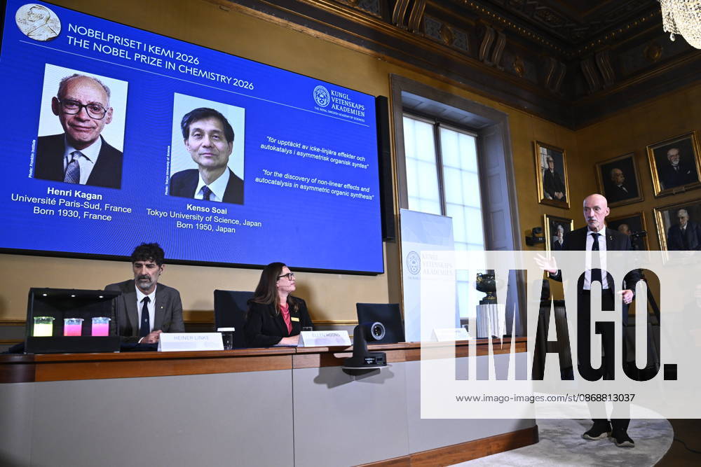 Henri Kagan and Kenso Soai are awarded the 2026 Nobel Prize in Chemistry during a press conference at the Royal Swedish Academy of Sciences in Stockholm, Sweden, on October 7, 2026 STOCKHOLM SWEDEN