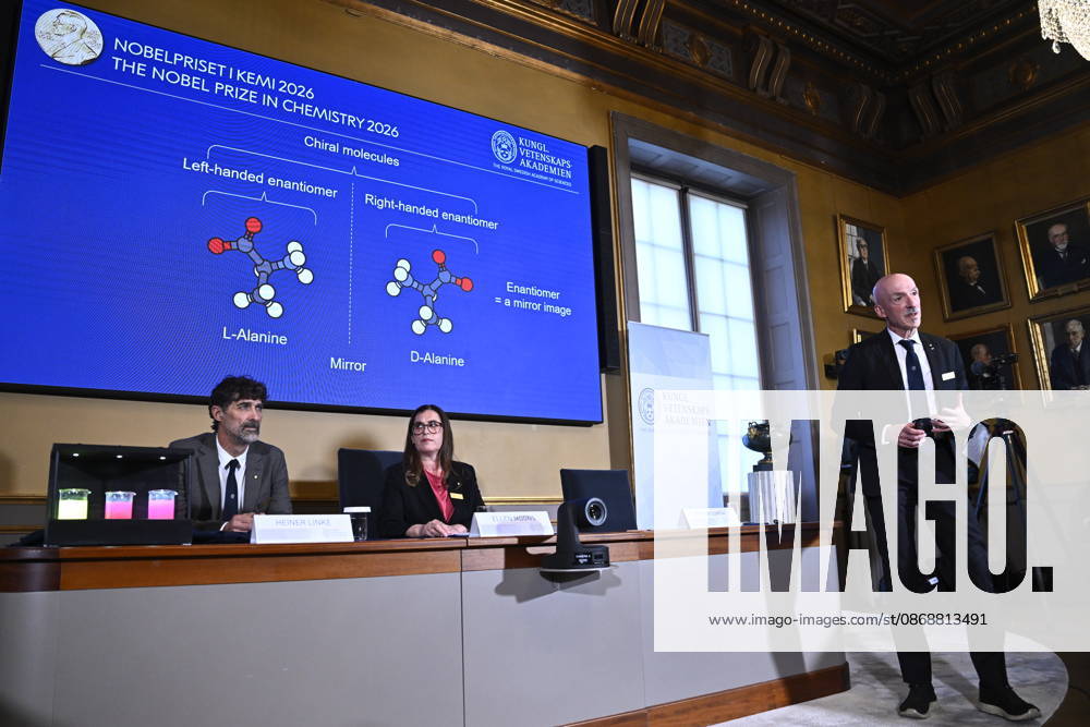 Henri Kagan and Kenso Soai are awarded the 2026 Nobel Prize in Chemistry during a press conference at the Royal Swedish Academy of Sciences in Stockholm, Sweden, on October 7, 2026 STOCKHOLM SWEDEN