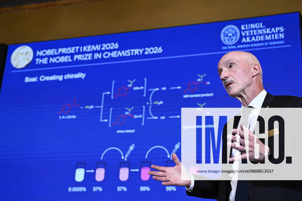 Henri Kagan and Kenso Soai are awarded the 2026 Nobel Prize in Chemistry during a press conference at the Royal Swedish Academy of Sciences in Stockholm, Sweden, on October 7, 2026 STOCKHOLM SWEDEN