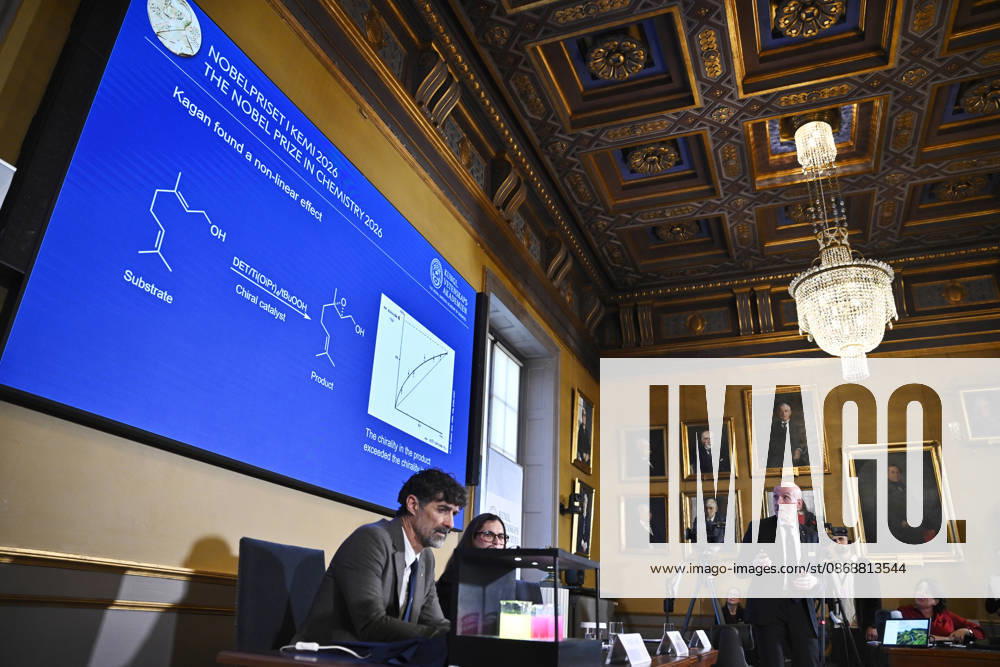 Henri Kagan and Kenso Soai are awarded the 2026 Nobel Prize in Chemistry during a press conference at the Royal Swedish Academy of Sciences in Stockholm, Sweden, on October 7, 2026 STOCKHOLM SWEDEN