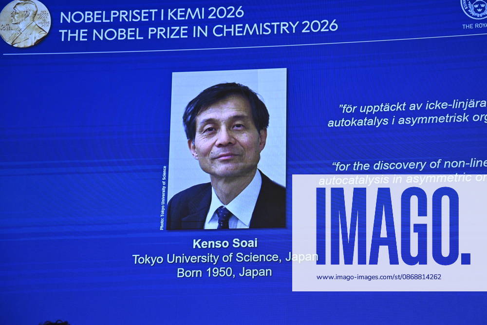 Henri Kagan and Kenso Soai are awarded the 2026 Nobel Prize in Chemistry during a press conference at the Royal Swedish Academy of Sciences in Stockholm, Sweden, on October 7, 2026 STOCKHOLM SWEDEN
