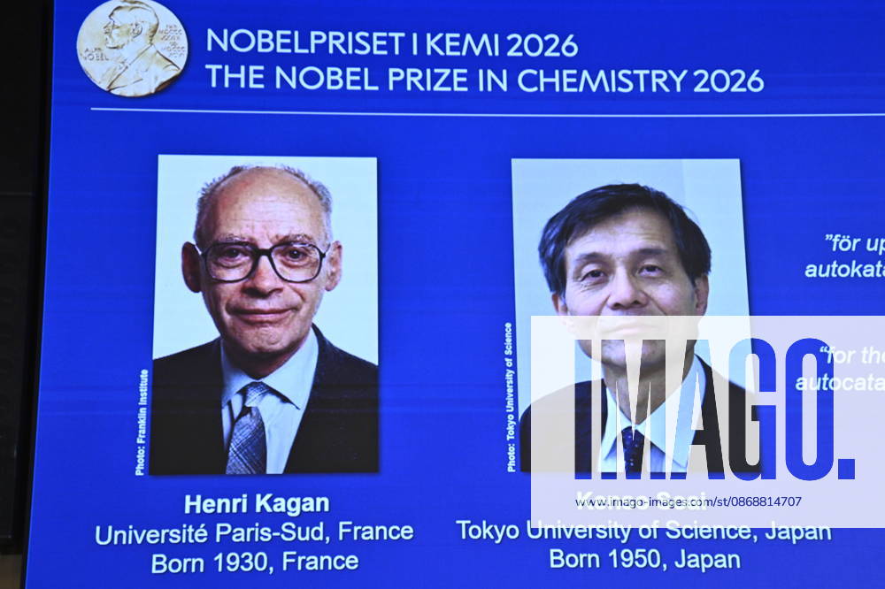Henri Kagan and Kenso Soai are awarded the 2026 Nobel Prize in Chemistry during a press conference at the Royal Swedish Academy of Sciences in Stockholm, Sweden, on October 7, 2026 STOCKHOLM SWEDEN