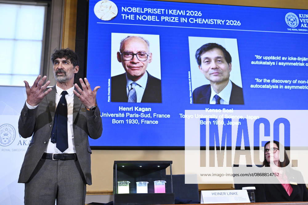 Henri Kagan and Kenso Soai are awarded the 2026 Nobel Prize in Chemistry during a press conference at the Royal Swedish Academy of Sciences in Stockholm, Sweden, on October 7, 2026 STOCKHOLM SWEDEN
