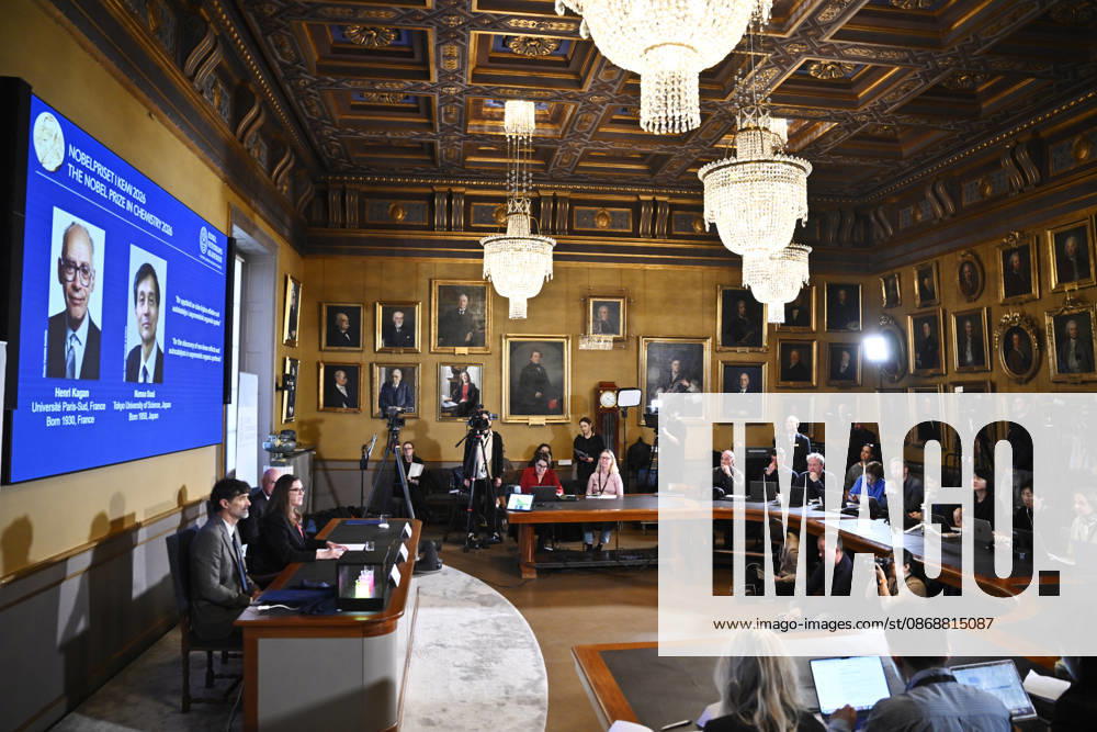 Henri Kagan and Kenso Soai are awarded the 2026 Nobel Prize in Chemistry during a press conference at the Royal Swedish Academy of Sciences in Stockholm, Sweden, on October 7, 2026 STOCKHOLM SWEDEN