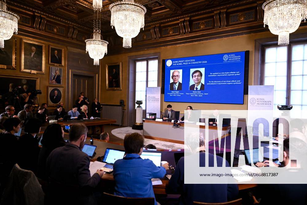 (261007) -- STOCKHOLM, Oct. 7, 2026 -- The 2026 Nobel Prize in Chemistry is announced in Stockholm, Sweden, Oct. 7, 2026. Henri Kagan and Kenso Soai have been awarded the 2026 Nobel Prize in Chemistry for their discovery of non-linear effects and autocatalysis in asymmetric organic synthesis, the Royal Swedish Academy of Sciences announced Wednesday. ) Photo Flash Henri Kagan, Kenso Soai win 2026 Nobel Prize in Chemistry LyuxYou