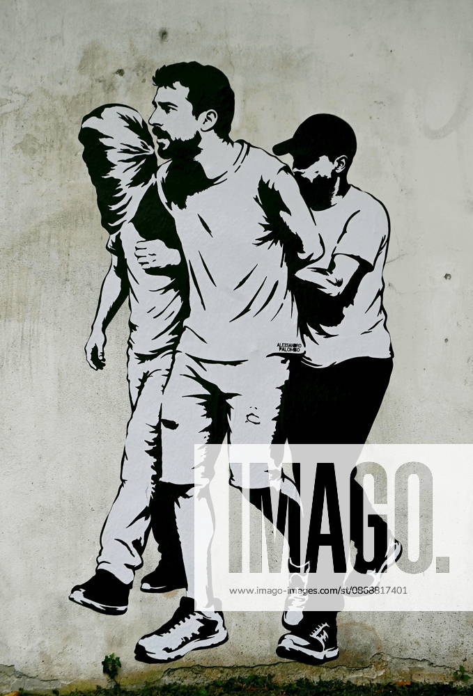 IPA89393685 - MILAN - October 7, 2026 - A mural by Alexandro Palombo, an artwork on display on October 7 at the Museum of Modern Art, located at 16 Via Palestro, dedicated to the young couple kidnapped during the attack on the Nova Music Festival