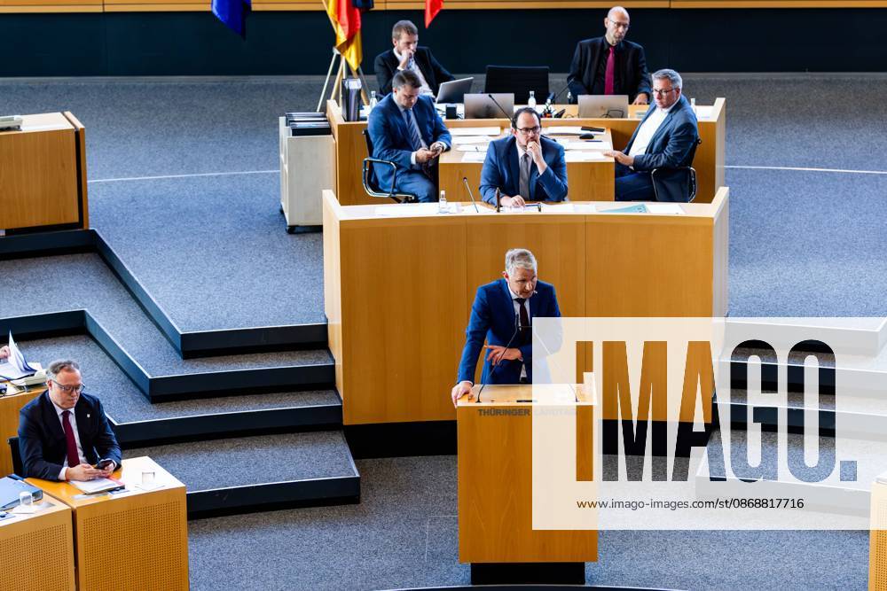 GER, Politics News, 8th Legislative Session, 56th Plenary Session in the Plenary Hall of the Thuringian State Parliament. Pictured: Björn Höcke pointing at Mario Voigt. Subject of the special session: Dissolution of the 8th Thuringian State Parliament pursuant to Article 50, Paragraph 2, Sentence 1, No. 1 of the Constitution of the Free State of Thuringia. 99096 Erfur