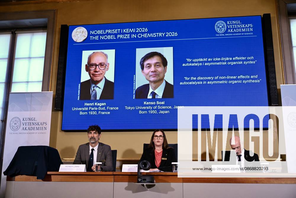 (261007) -- STOCKHOLM, Oct. 7, 2026 -- The 2026 Nobel Prize in Chemistry is announced in Stockholm, Sweden, Oct. 7, 2026. Henri Kagan and Kenso Soai have been awarded the 2026 Nobel Prize in Chemistry for their discovery of non-linear effects and autocatalysis in asymmetric organic synthesis, the Royal Swedish Academy of Sciences announced on Wednesday. ) SWEDEN-STOCKHOLM-NOBEL PRIZE IN CHEMISTRY-WINNERS LyuxYou