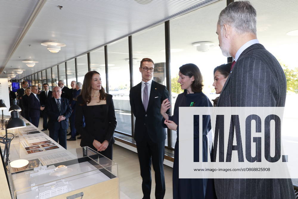 Finland King Felipe and Queen Letizia and President Alexander Stubb and Suzanne Innes-Stubb during the tour of the exhibition on the 2nd day of the 2 day statevisit to Finland. Â